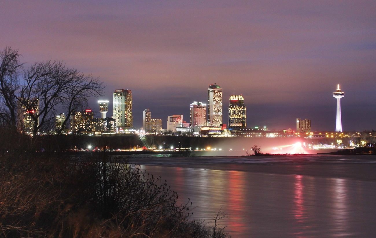 View of Hotels in Niagara Falls Canada at Night